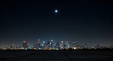 Metropolis Gleaming Beneath Celestial Canopy With Guiding Star Above Cityscape