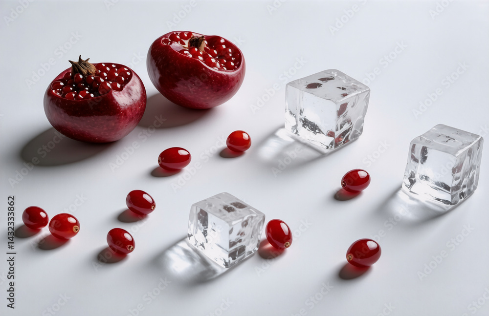 Poster pomegranates and cranberries scattered around clear ice cubes on a white surface, creating a fresh a