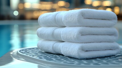 Soft, white towels stacked neatly by a shimmering pool.