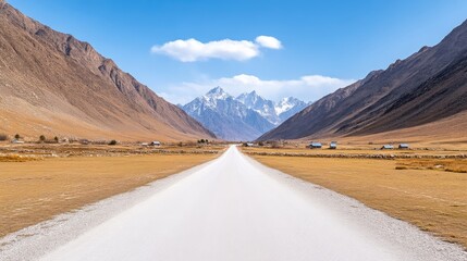 Mountain Road Village Scene, Dramatic Peaks, Vivid High-Resolution, Wide Angle View, Textured Landscape, Journey Concept, Himalayan Backdrop, Bright Sunny Mood, Ideal for Travel Brochures
