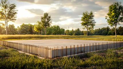 Fototapeta premium A fresh concrete slab for an upcoming building, embedded with steel rebars and timber planks, lies on an open field, ready for the construction phase to begin. Phase Pillar. Illustration