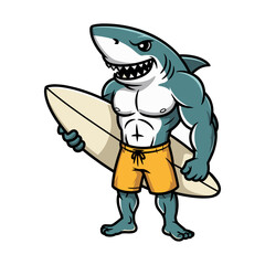 Muscular Cartoon Shark Mascot Ready to Surf with Board and Swim Shorts