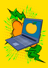 Cartoon Laptop, comic book Notebook with Apple. Retro vector comics pop art design.