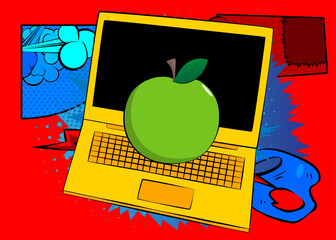 Cartoon Laptop, comic book Notebook with Apple. Retro vector comics pop art design.