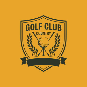 Vintage Style Golf Club Country Emblem Logo with Ball, Clubs, and Laurel Wreaths