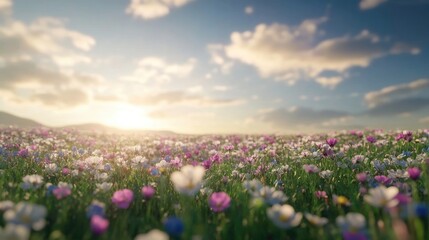 Field of blooming cosmos and poppies in a wild-style flower garden