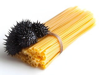A bundle of dried pasta is tied with a rubber band next to a dark spiky textured object on a white background.