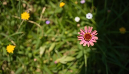Pink flower in a field of wildflowers