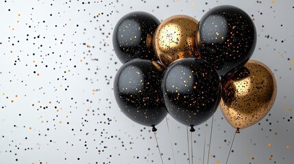 Black and gold balloons clustered together on a white background with confetti