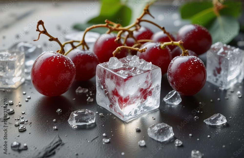 Poster fresh red grapes and clear ice cubes are scattered on a dark surface, with green leaves adding a tou