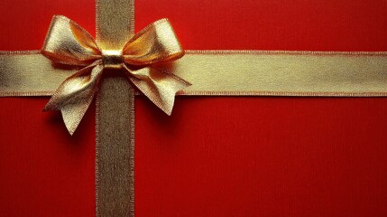 Top view flat lay of a golden ribbon on a red background for gift card design, featuring copy space for text or logos, ideal for festive or luxury card visuals.