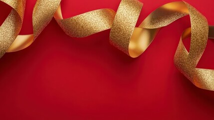 Red background highlights a golden ribbon in a top-view flat lay for gift card design, offering ample copy space for custom messages or branding elements.