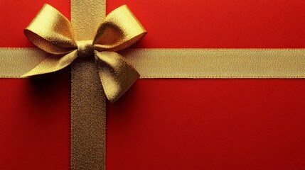 Top-view flat lay composition of a golden ribbon on a red background, perfect for gift card design with copy space for text, logos, or holiday greetings.