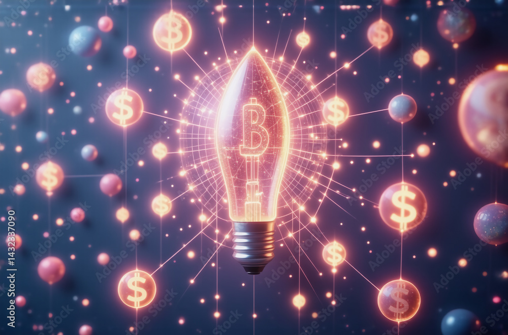 Poster glowing lightbulb with a bitcoin symbol inside shines amidst dollar symbols connected by lines, repr
