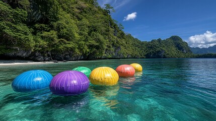 Colorful floating balls on calm water near lush greenery