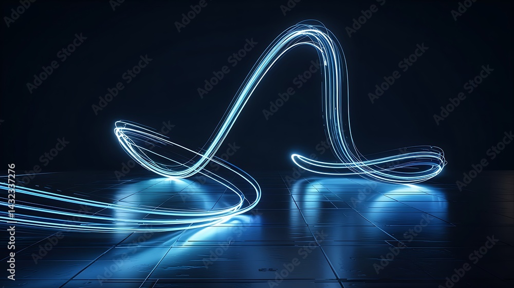 Poster abstract neon light trails on reflective surface with dark background for technology concepts