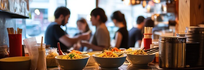 Busy noodle bar with steaming bowls