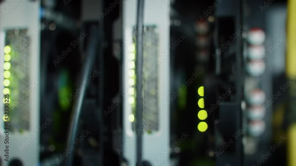 Poster close-up view of server components with green leds illuminating machine interfaces within a data cen