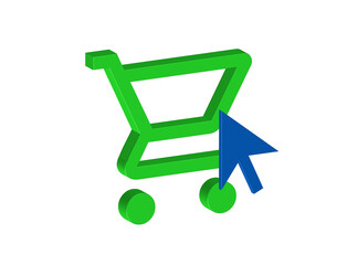 Simple 3D icon of a shopping cart with a selecting arrow