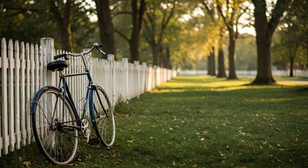 Fototapeta premium Tranquil Bicycle Scene At White Picket Fence In Golden Afternoon Light