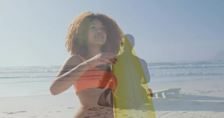 woman shading eyes on beach, with animated wave chart and sun icon displaying business data - Powered by Adobe
