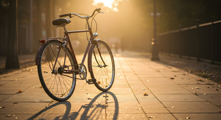 Obraz premium Classic Bicycle Parked on a City Street Bathed in Warm Sunlight