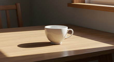 Fototapeta premium Simple Morning Still Life Cup On Wooden Table Illuminated By Sunlight
