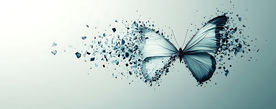 Butterfly is breaking apart. Showing metamorphosis or transformation on light blue
