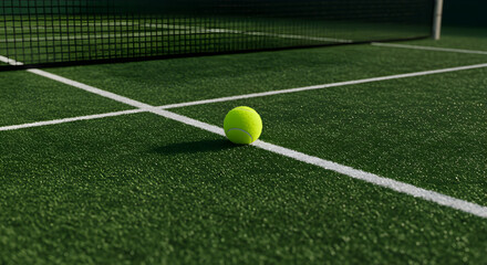 Focused Shot Of A Tennis Ball On A Vibrant Green Court With Net In Background