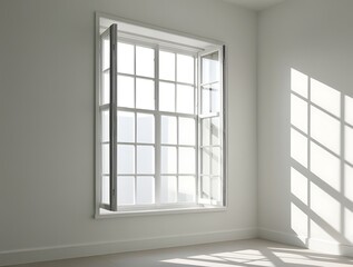 Fototapeta premium Bright, Minimalistic Room with White Window Framing a Green View. Soft Sunlight Creates Shadows on the Floor, Inviting Calmness and Simplicity into the Space.