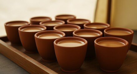 A Dozen Clay Cups of Aromatic Masala Chai Tea Arranged on Wooden Tray, Ready to be Served