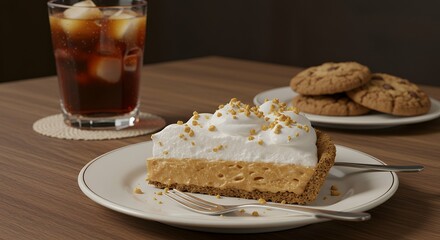 presents tempting slice creamy peanut butter pie topped whipped cream crushed peanuts served invitingly plate beverage cookies subtly placed
