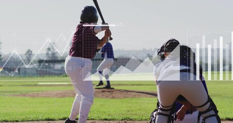 Female batter preparing swing at plate during tech game, showing floating bar and line charts - Powered by Adobe