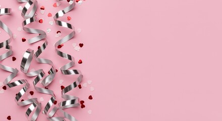 Add celebratory flair to your designs close up capturing group shiny silver rolling ribbons confetti scattered pink providing copy space Valentine's Day carnival birthday