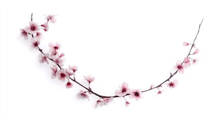 Fototapeta premium Delicate cherry blossom branch gracefully arches against a white background.
