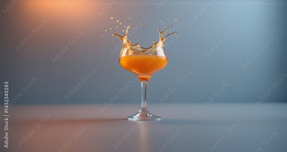 Poster a liquid, in a clear goblet, splashes upwards. hints of orange and blue create a gradient background