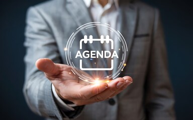 Businessman Holding Agenda Icon In Palm Of Hand Concept Of Planning Time Management Scheduling Business Calendar And Organizing Events With Future Technology