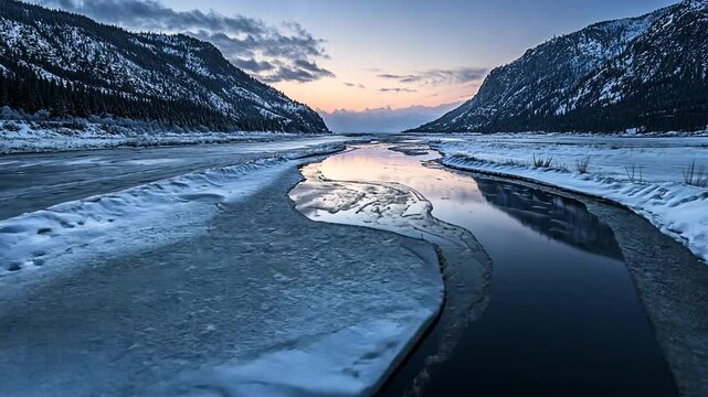 Serene sunrise over a frozen river valley, nestled between snow-covered mountains