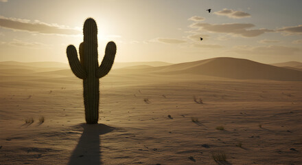 Fototapeta premium Dramatic Desert Scene Featuring Saguaro Cactus Against Golden Sunlight