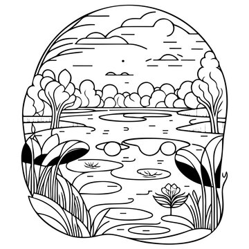 recommend clip art: Monochrome depiction of tranquil lake scene surrounded by nature in artwork