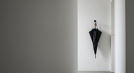 Minimalist Hallway With Black Umbrella Hanging on Wall Hook Against Gray Space