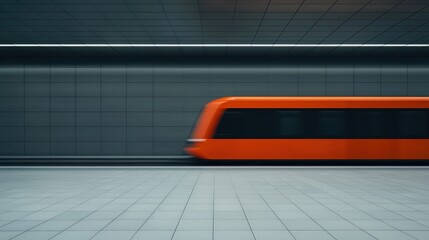 A dynamic view of a sleek orange train passing through a modern subway station with minimalist design elements and a clean tiled floor.