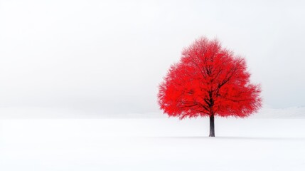 Solitary Red Tree in Snowy Landscape
