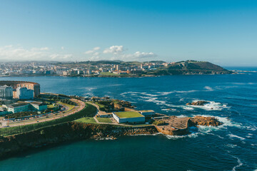 La coruña, Spain. November 11, 2024: Finisterrae aquarium - promenade and panoramic cove of Orzan.