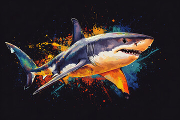 Obraz premium Vivid illustration of a shark swimming through colorful splashes of paint in an abstract style