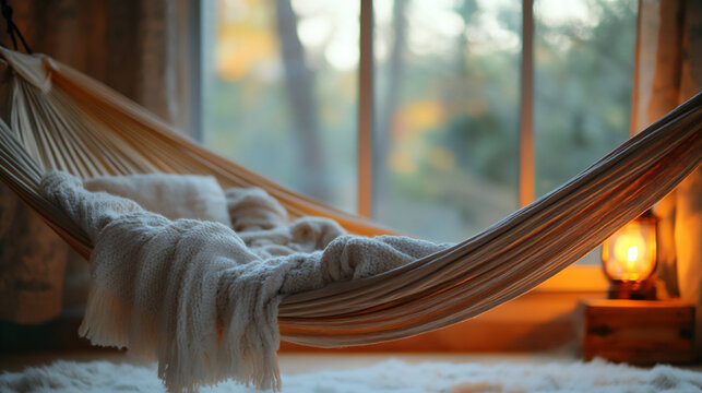 cozy hammock indoors with soft blankets and a reading lamp,