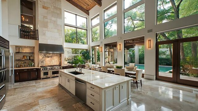 Luxury kitchen with tall windows overlooking pool, grand design, modern elegance