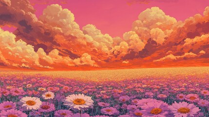 Flower garden in full bloom under a pink and orange sunset sky