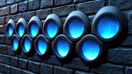 Abstract Blue Glowing Circles on Brick Wall: Futuristic Design