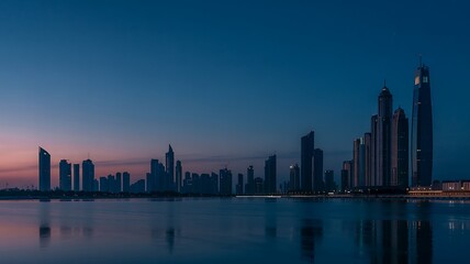 Obraz premium Dubai Skyline At Dusk Reflecting On Calm Waters United Arab Emirates Cityscape At Night Tranquil Urban Scene Silhouette Of Buildings On Waterfront